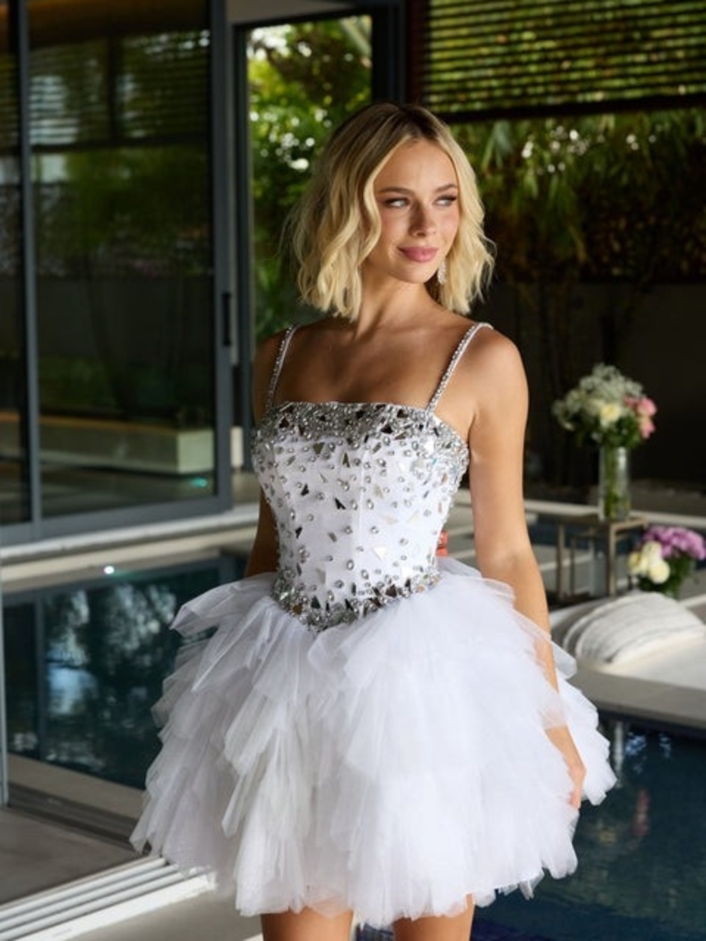White Embellished Tulle Party Dress - Sleeveless Short Cocktail Dress